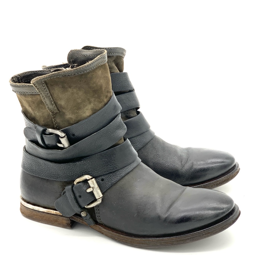 A.S.98 Brown Leather Suede Ankle Strap Zipper Buckle Boots